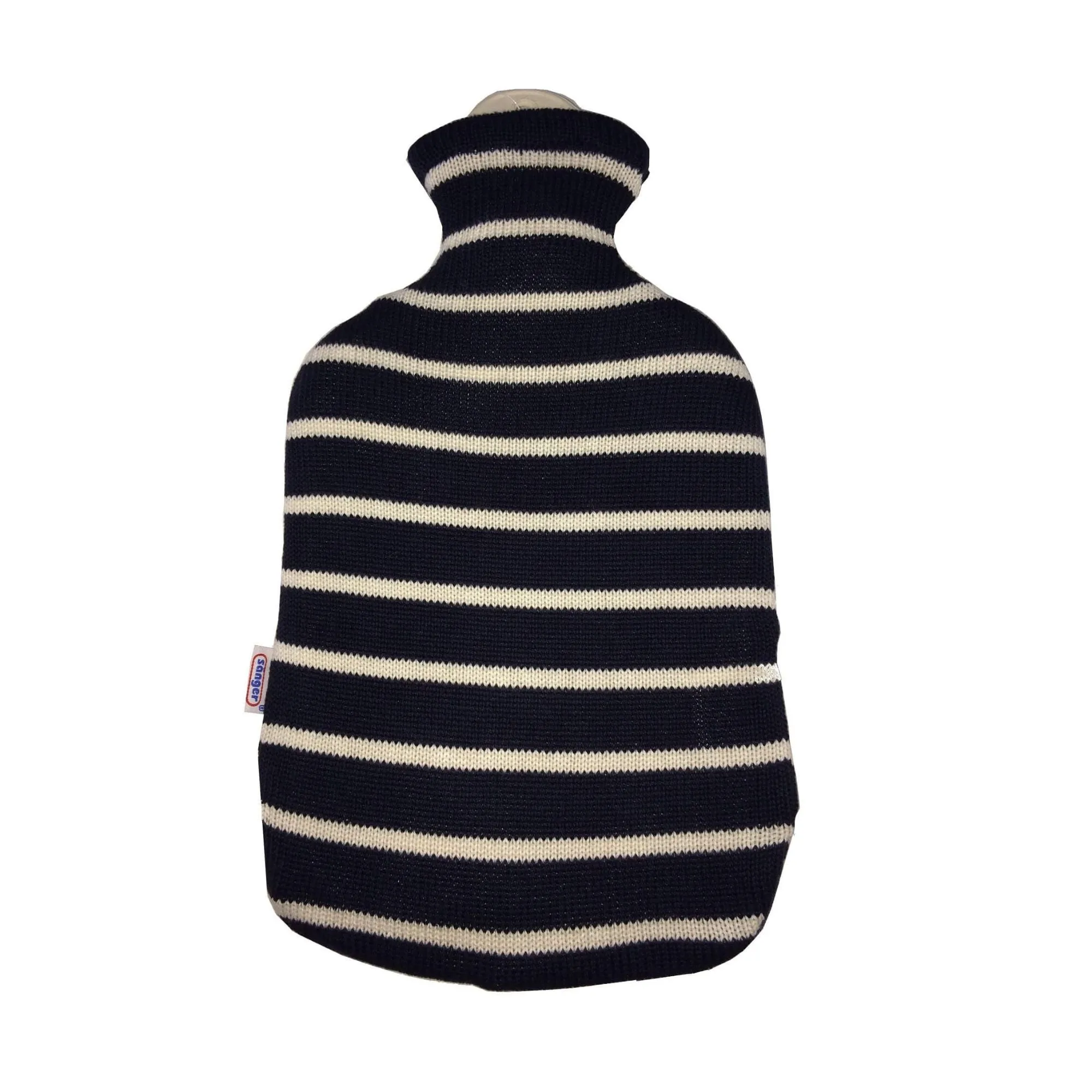 2 Litre Sanger Hot Water Bottle with Knitted Blue and White Stripe Cotton Cover