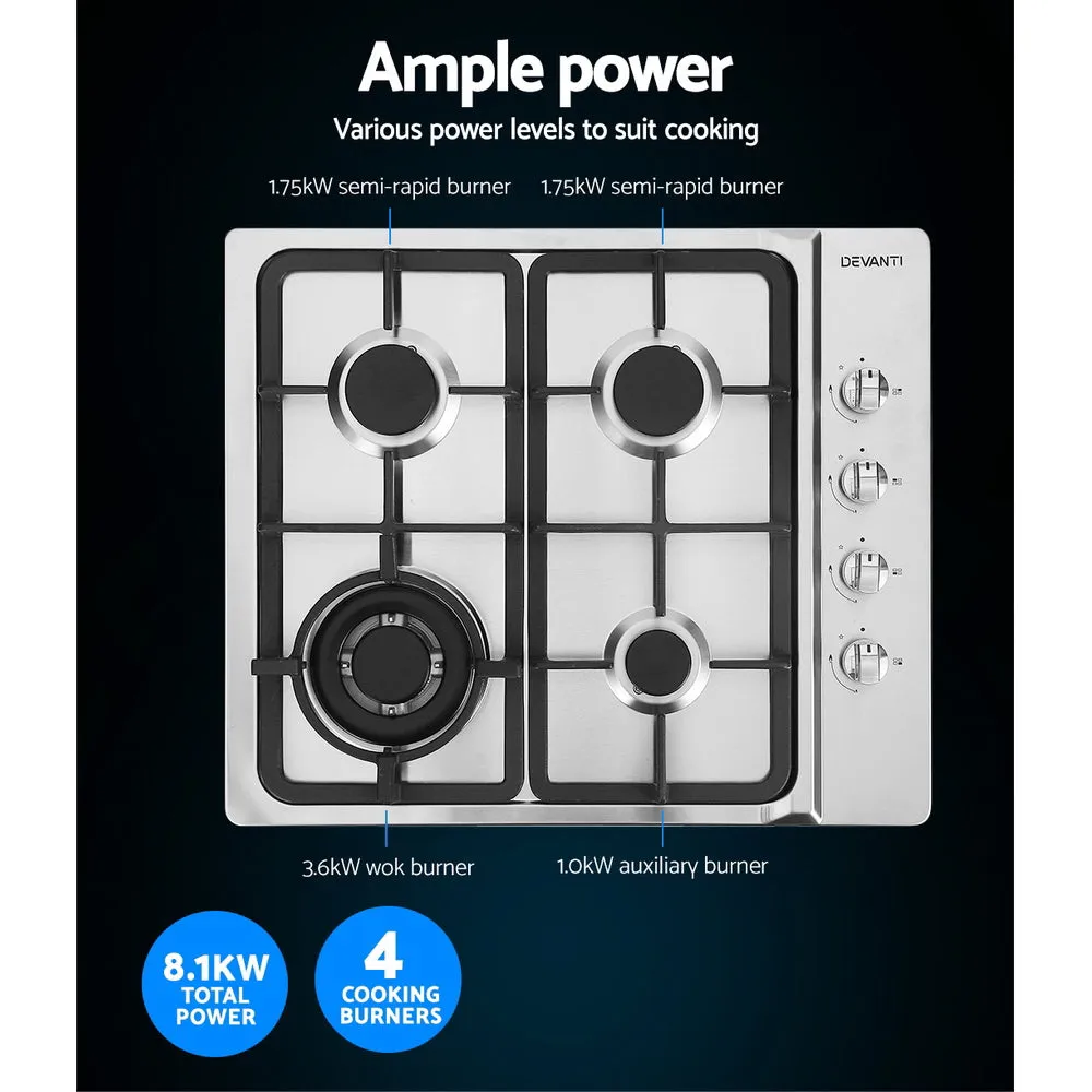 4-Burner Stainless Steel Gas Cooktop 60cm Stove | Devanti