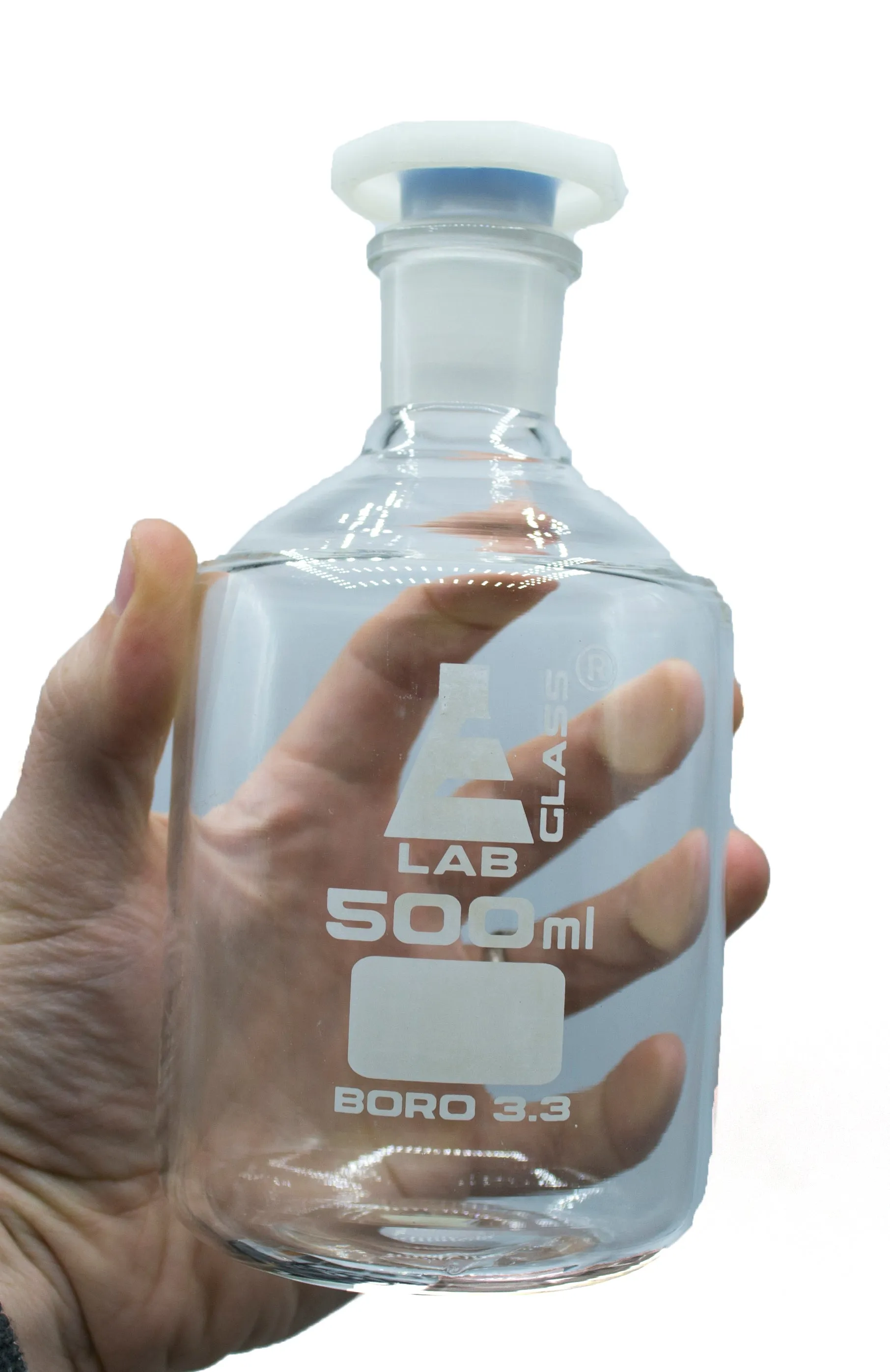 500mL (16.9oz) Glass Reagent Bottle with Acid Proof Polypropylene Stopper, Borosilicate 3.3 Glass - Eisco Labs