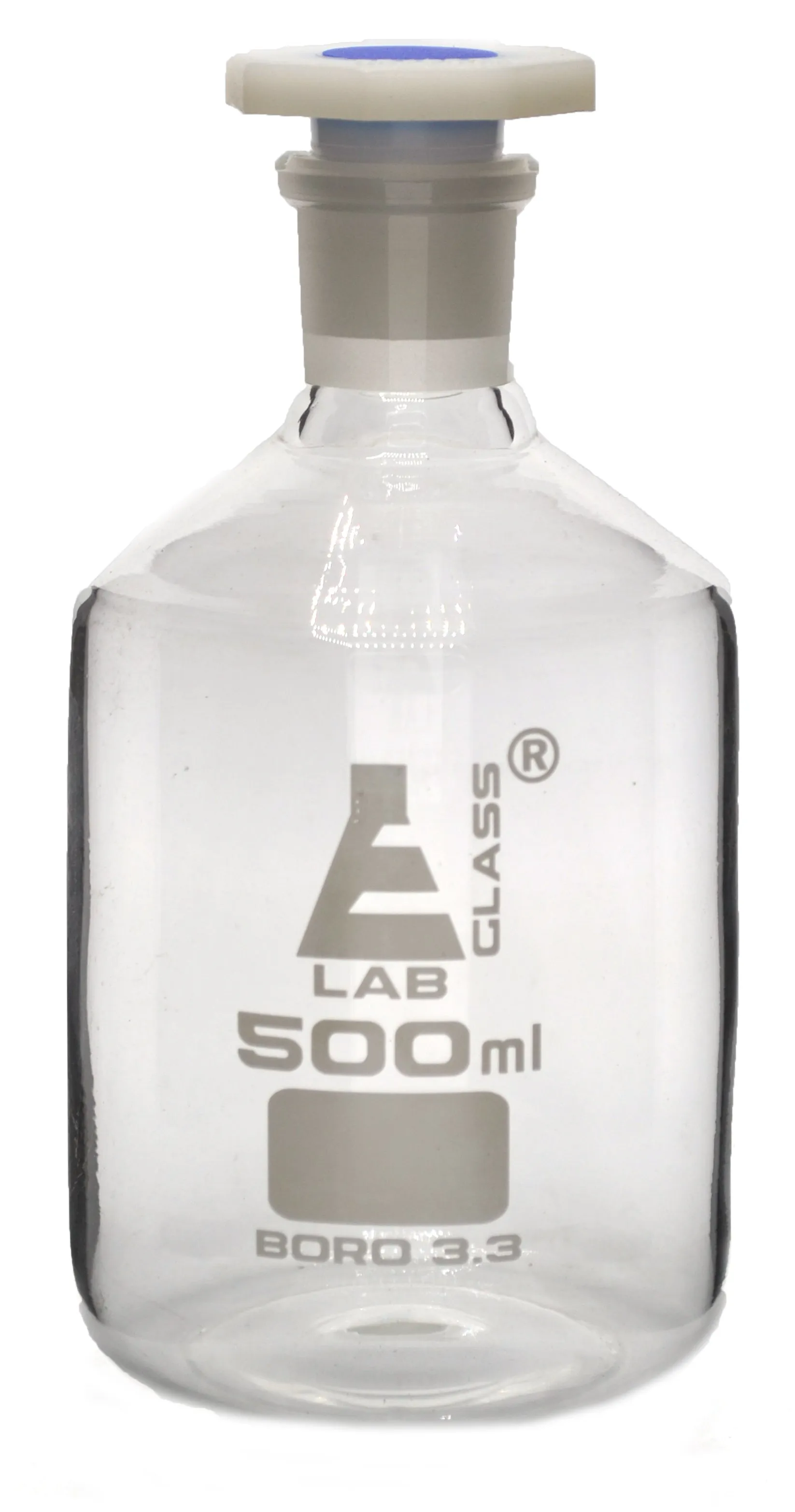 500mL (16.9oz) Glass Reagent Bottle with Acid Proof Polypropylene Stopper, Borosilicate 3.3 Glass - Eisco Labs