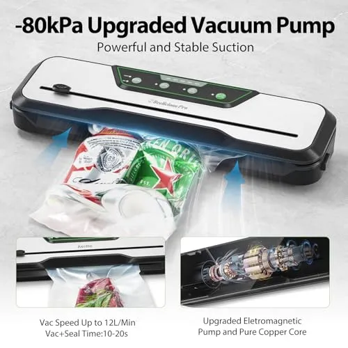 Automatic Food Vacuum Sealer Machine | Beelicious Pro 80KPa 8-In-1 Food Vacuum Saver with Starter Kits | 15 Bags, Pulse Function, Moist&Dry Mode and External VAC for Jars and Containers