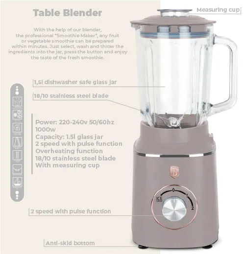 Berlinger Table Blender Glass Jar, 1.5Lit, 1000Watts, Taupe