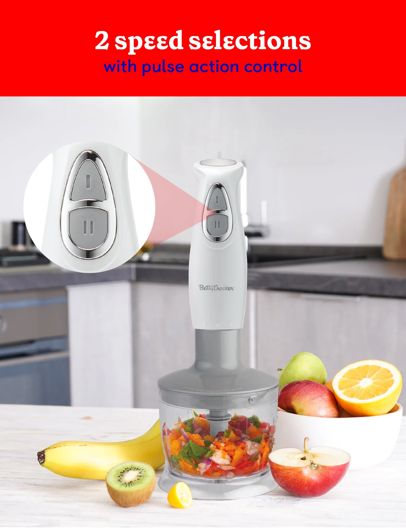 Betty Crocker 2-Speed Immersion Blender with Mixing Beaker, Chopper and  Whisk