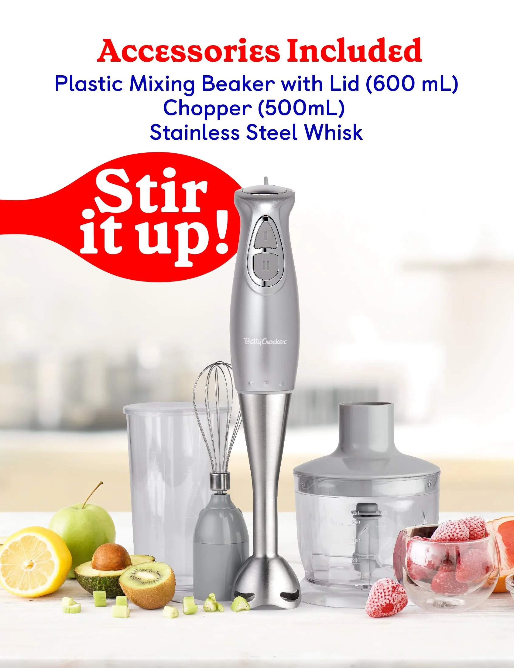 Betty Crocker 2-Speed Immersion Blender with Mixing Beaker, Chopper and  Whisk