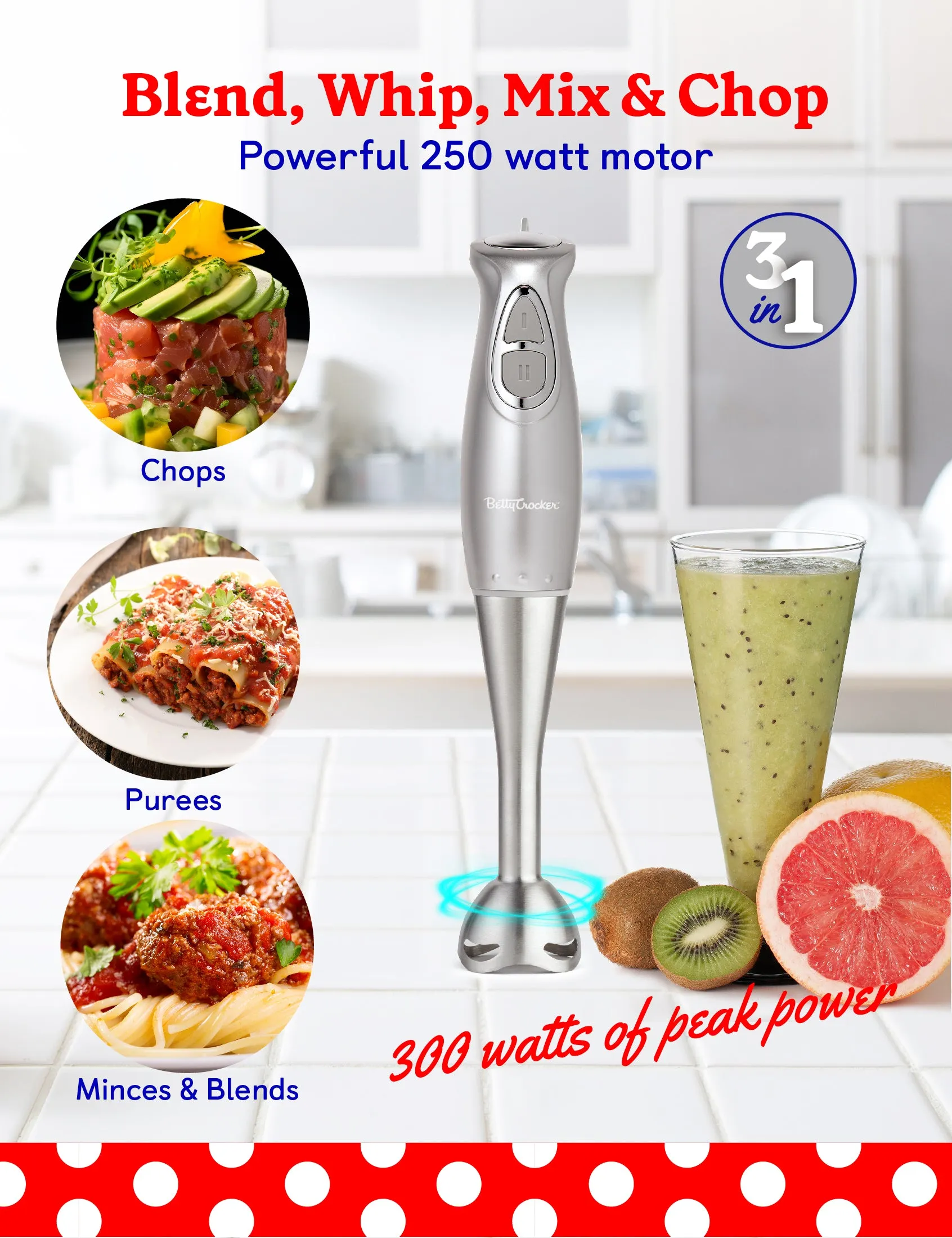 Betty Crocker 2-Speed Immersion Blender with Mixing Beaker, Chopper and  Whisk