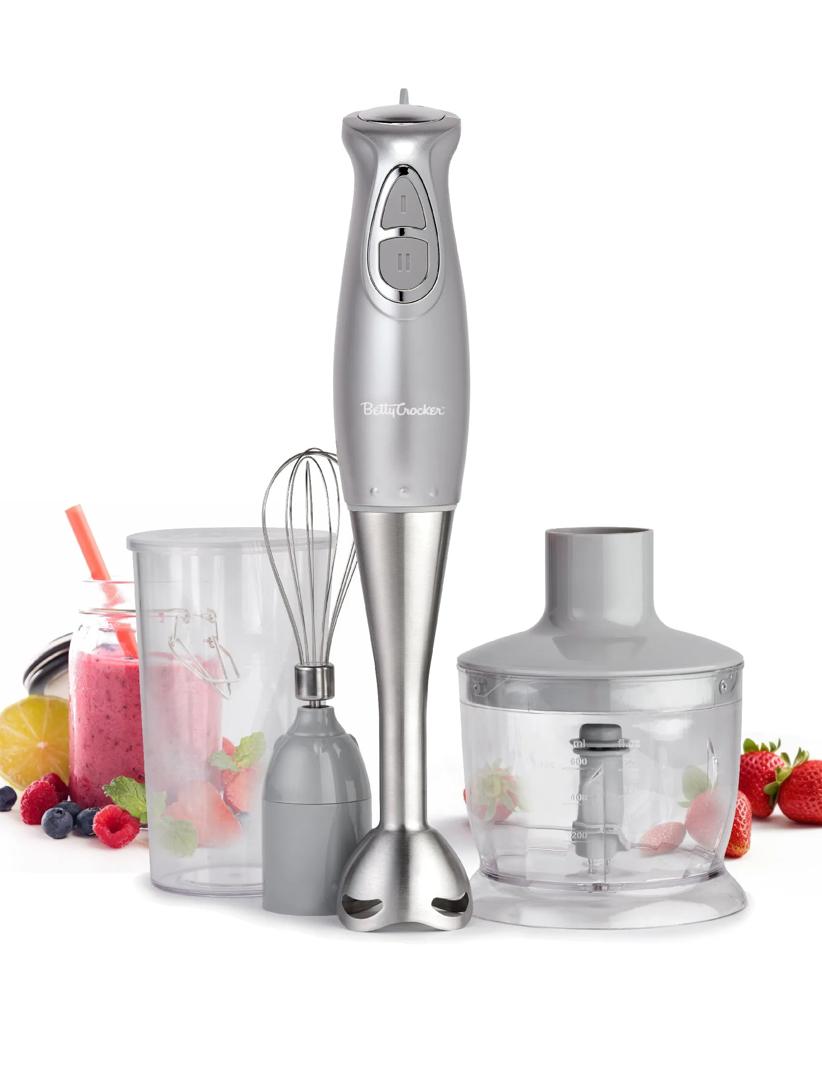 Betty Crocker 2-Speed Immersion Blender with Mixing Beaker, Chopper and  Whisk