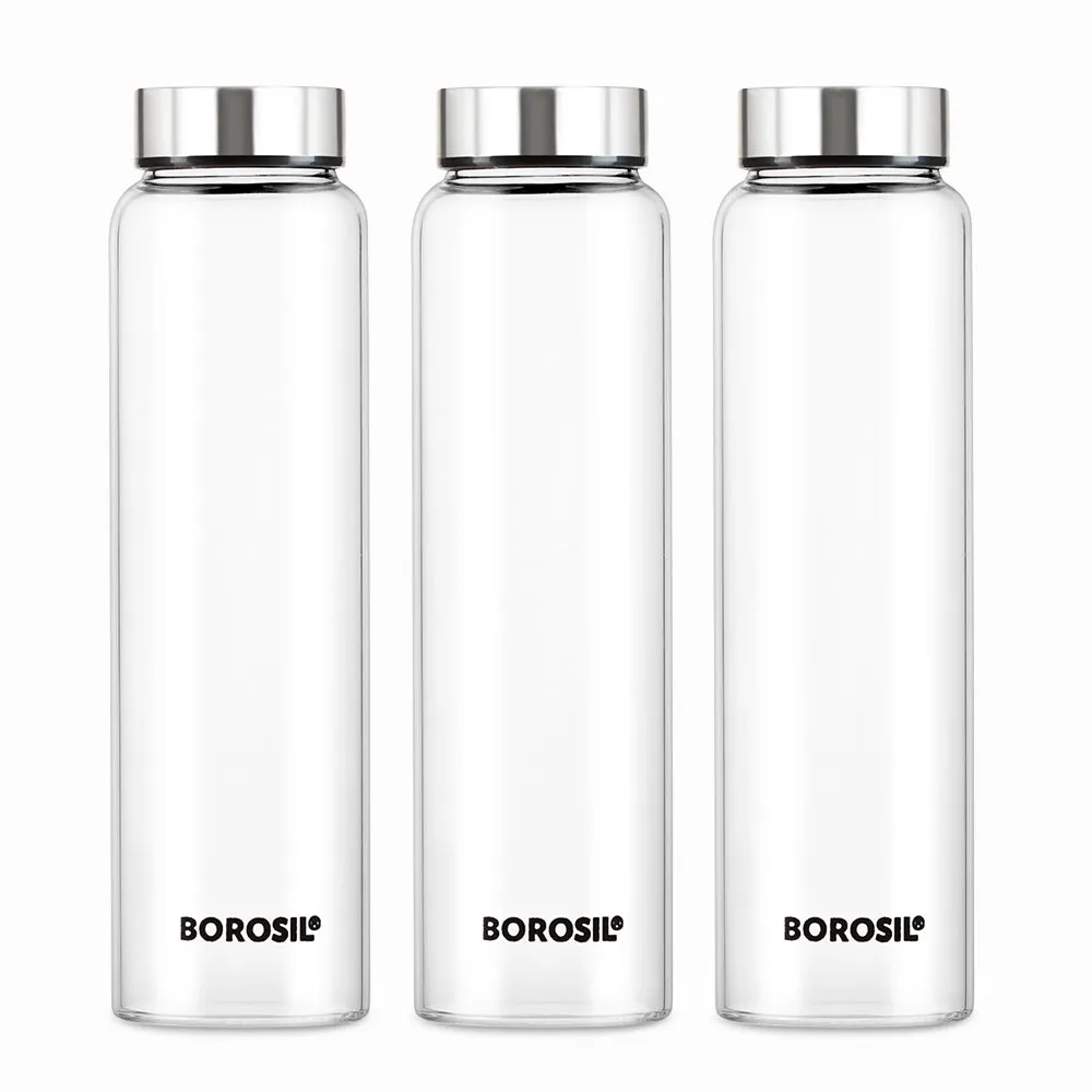 Borosil Crysto Glass Bottle Set of 3 - SS Lid