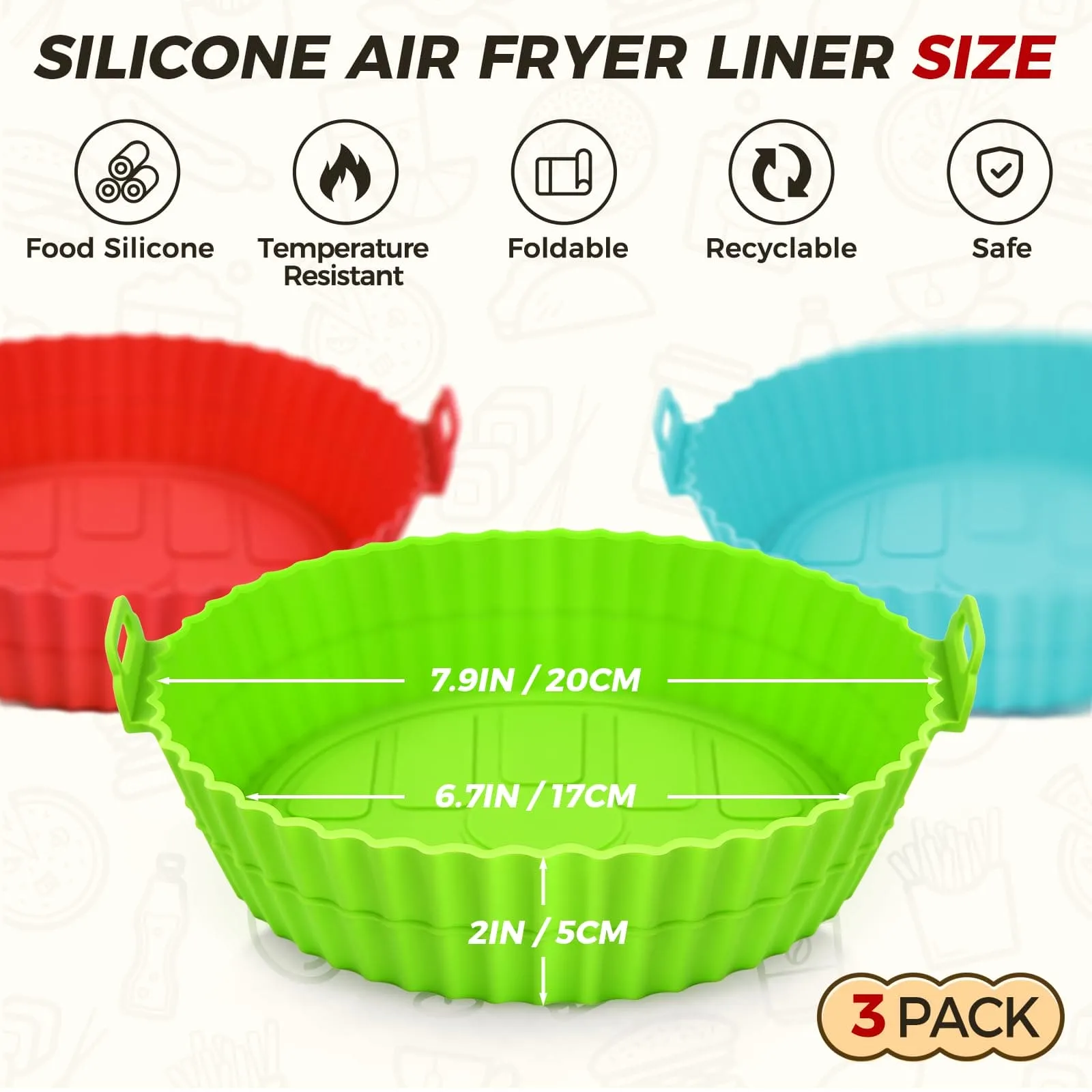 Buauty 3 Pack Air Fryer Silicone Liners 8inch Air Fryer Silicone Pot Reusable Food Grade Silicone Airfryer Liners Baking Tray Basket Accessories Replacement of Flammable Disposable Parchment Paper