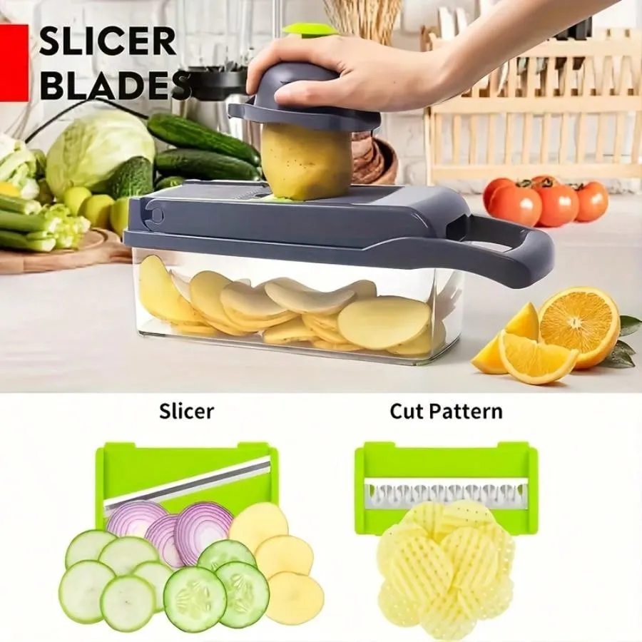 Chopper, 16 In 1 Food Chopper 8 Blades Cutter With Container, Kitchen Vegetable Onion Chopper Slicer, Potato Shredder Salad Chopper Camping