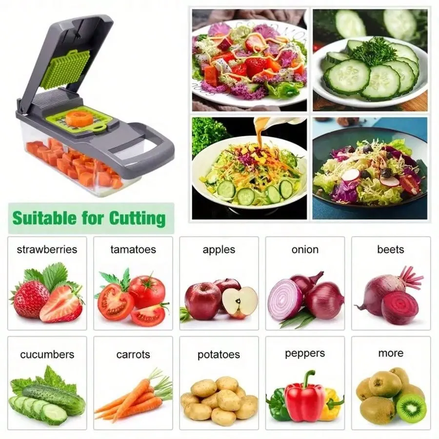 Chopper, 16 In 1 Food Chopper 8 Blades Cutter With Container, Kitchen Vegetable Onion Chopper Slicer, Potato Shredder Salad Chopper Camping