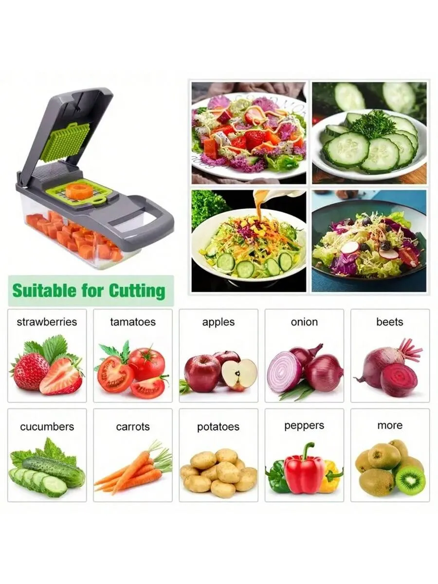 Chopper, 16 In 1 Food Chopper 8 Blades Cutter With Container, Kitchen Vegetable Onion Chopper Slicer, Potato Shredder Salad Chopper Camping