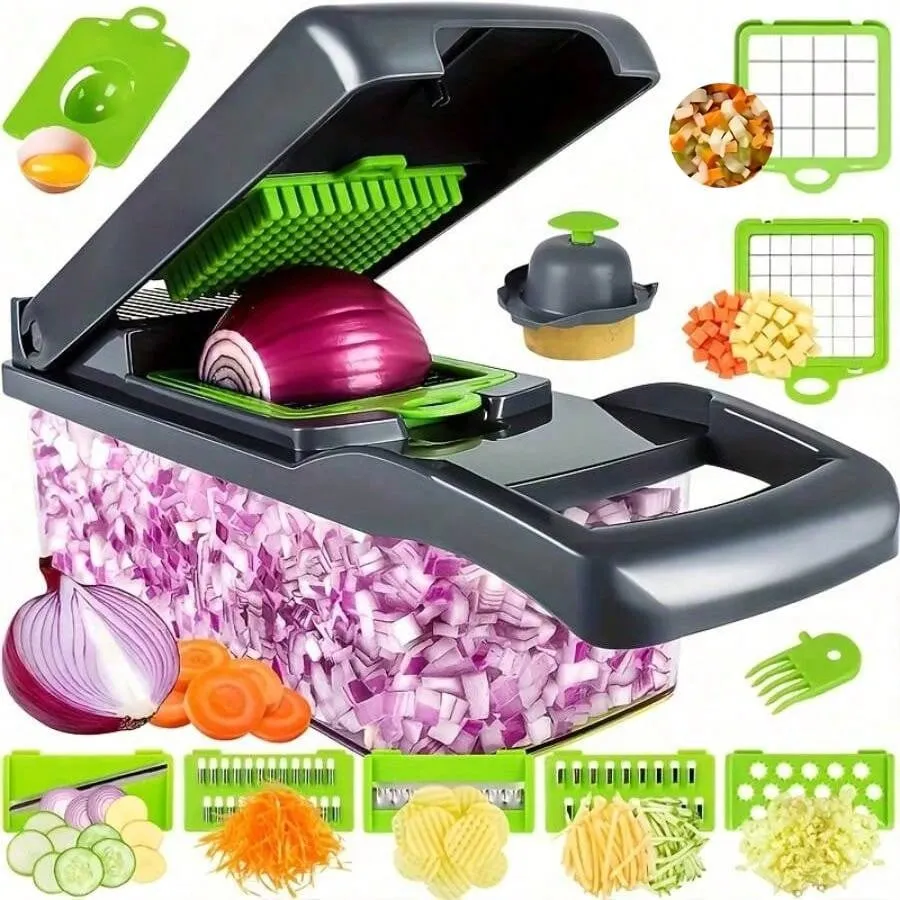 Chopper, 16 In 1 Food Chopper 8 Blades Cutter With Container, Kitchen Vegetable Onion Chopper Slicer, Potato Shredder Salad Chopper Camping