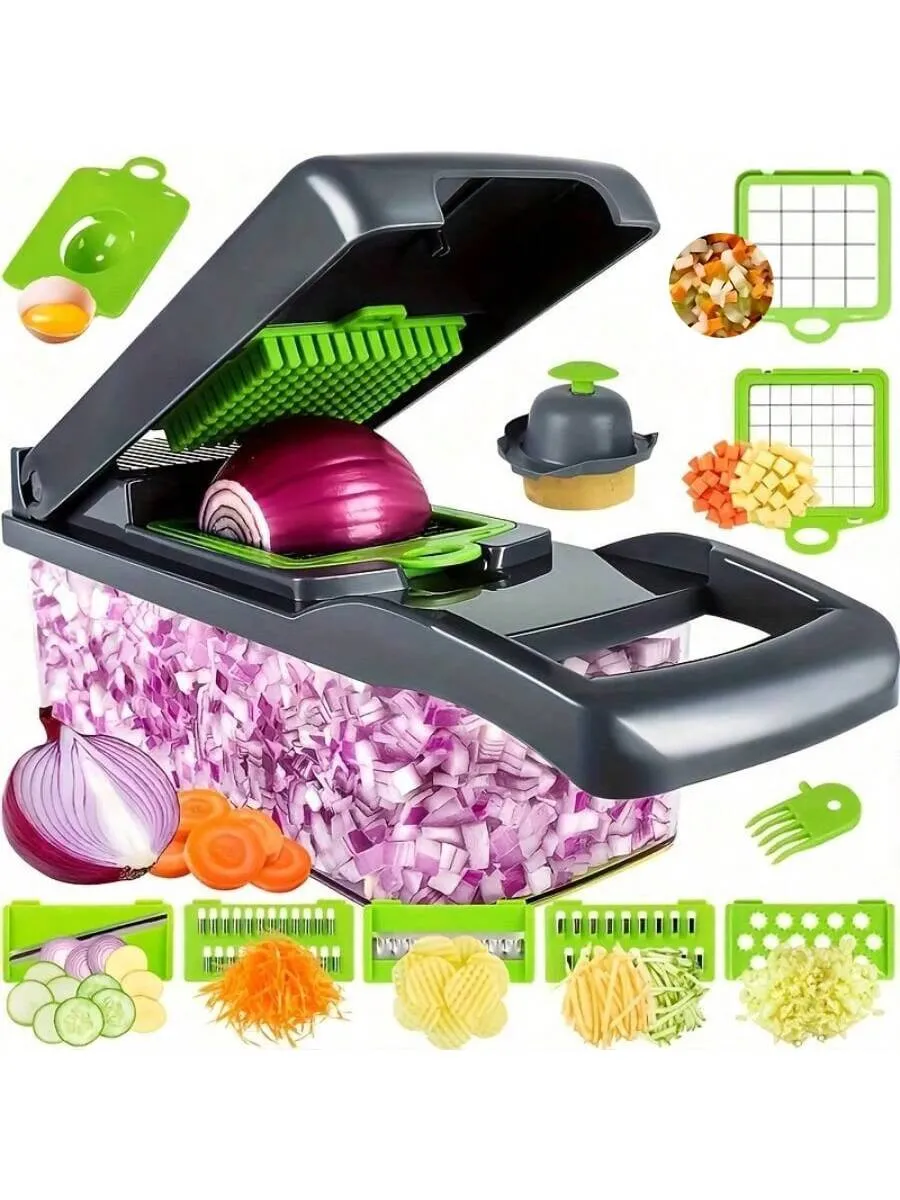 Chopper, 16 In 1 Food Chopper 8 Blades Cutter With Container, Kitchen Vegetable Onion Chopper Slicer, Potato Shredder Salad Chopper Camping