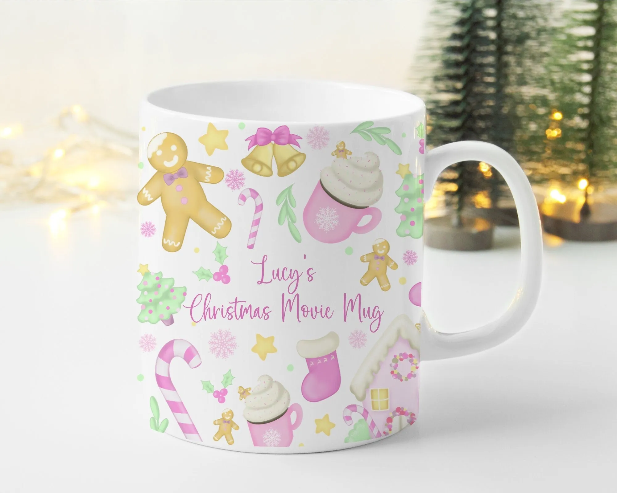 Christmas Mug Personalised Gingerbread Red or Pink Hot Chocolate, Christmas Eve Box Stocking Filler