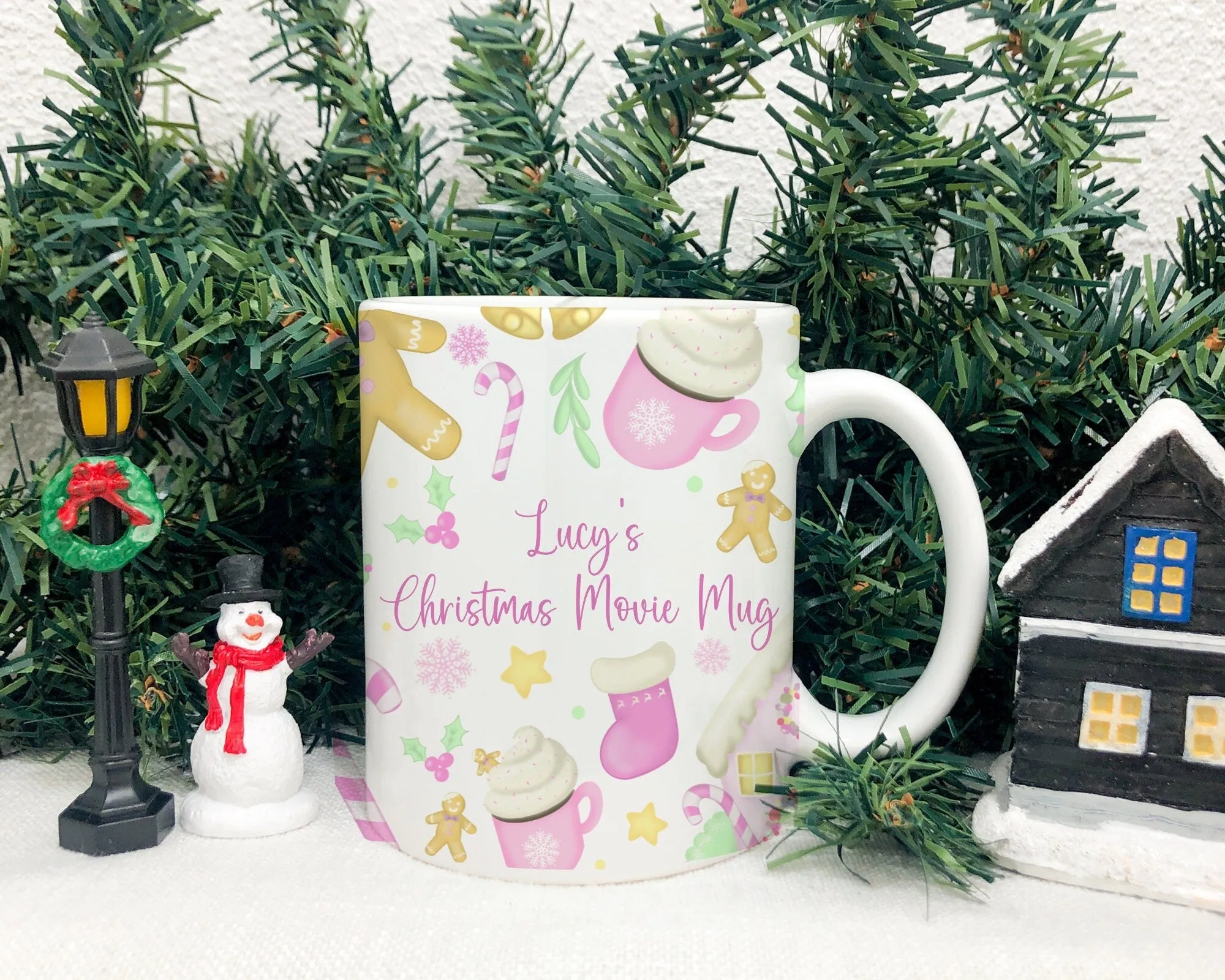 Christmas Mug Personalised Gingerbread Red or Pink Hot Chocolate, Christmas Eve Box Stocking Filler