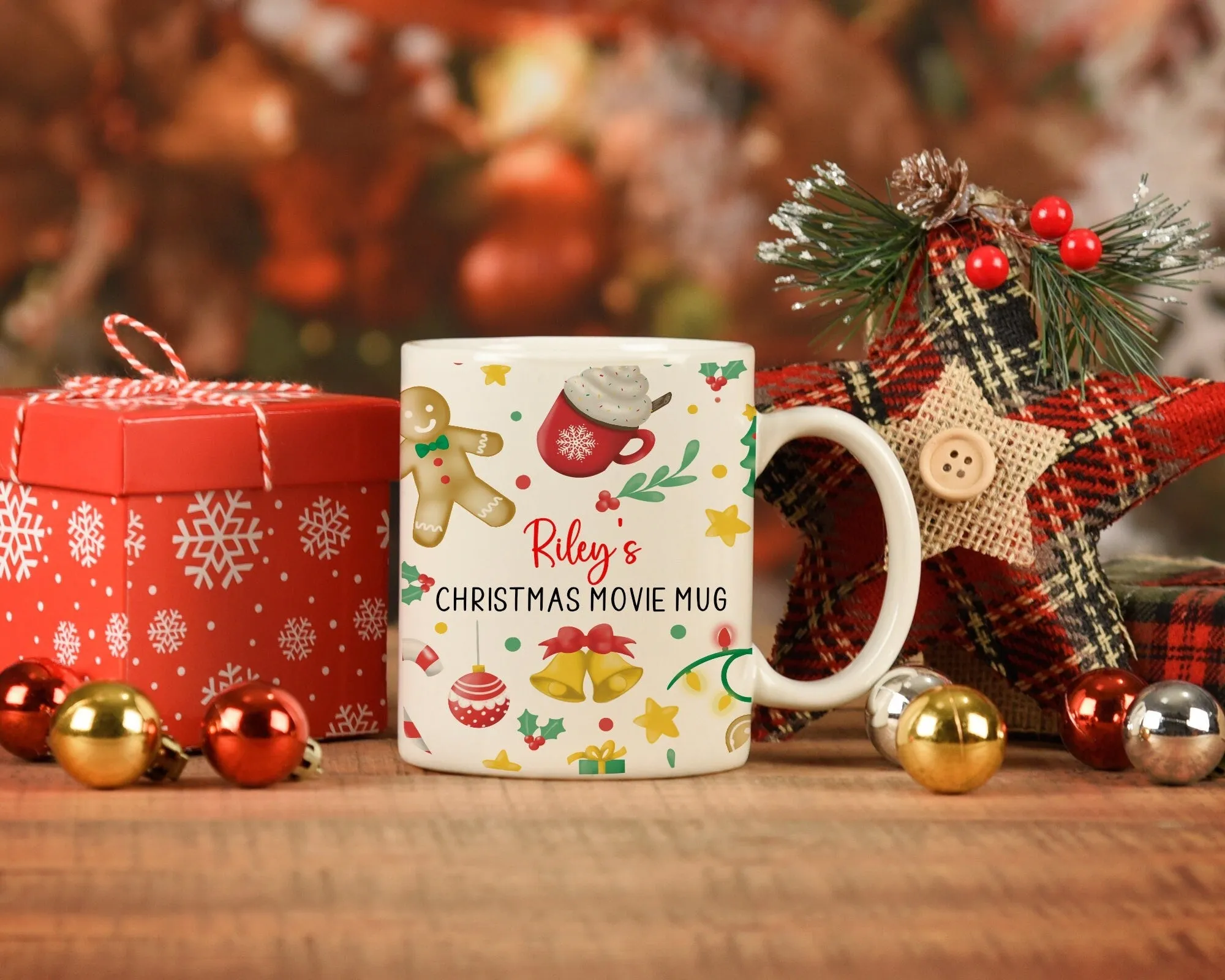 Christmas Mug Personalised Gingerbread Red or Pink Hot Chocolate, Christmas Eve Box Stocking Filler