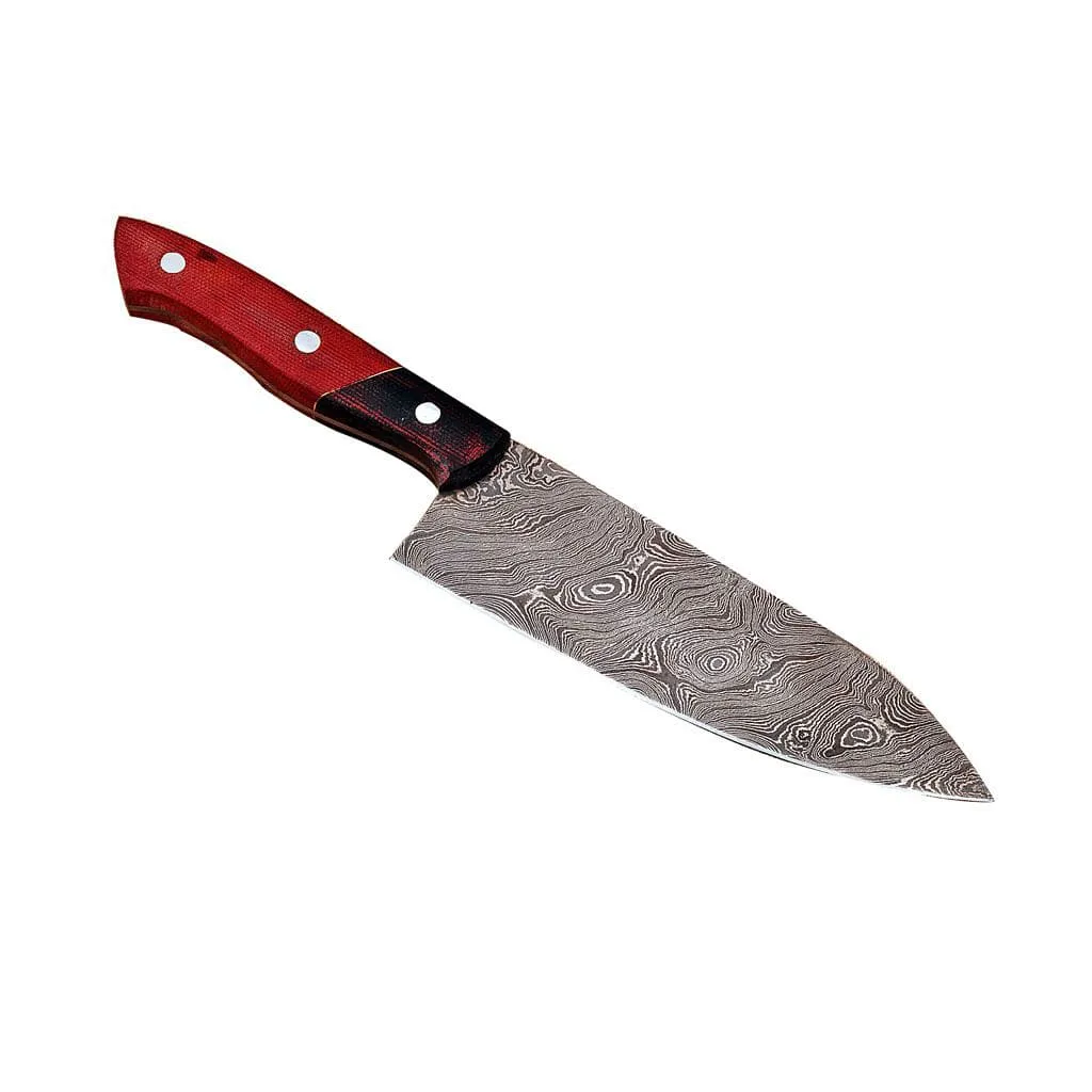 Damascus Kitchen Knife Twist Pattern Micarta Handle & Leather Sheath KCF1101RED