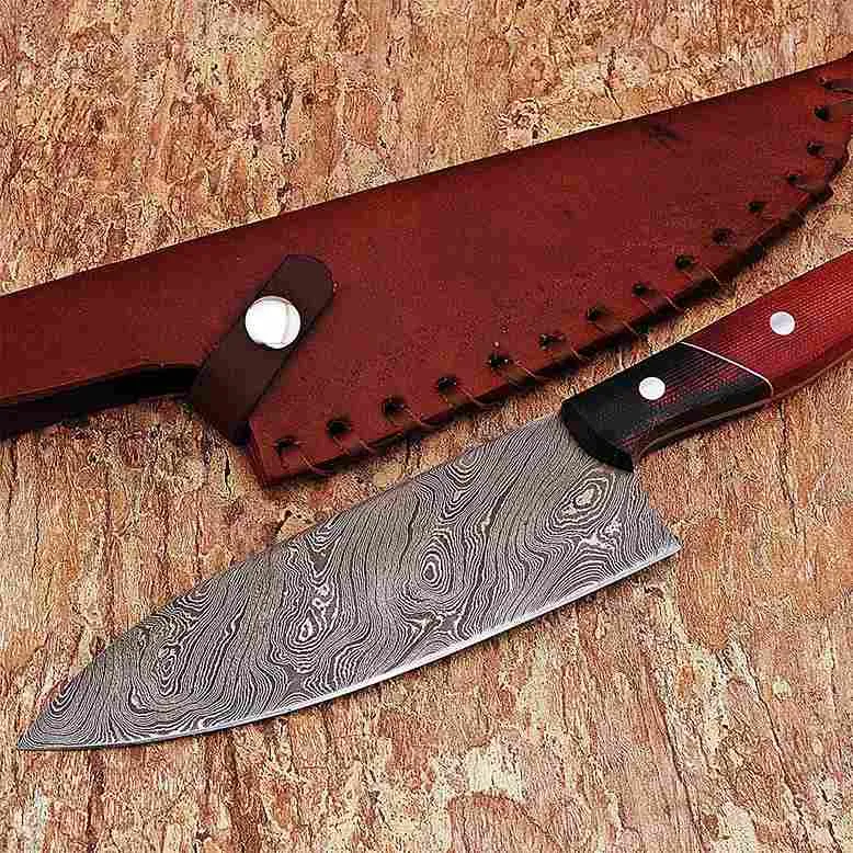 Damascus Kitchen Knife Twist Pattern Micarta Handle & Leather Sheath KCF1101RED