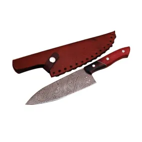 Damascus Kitchen Knife Twist Pattern Micarta Handle & Leather Sheath KCF1101RED