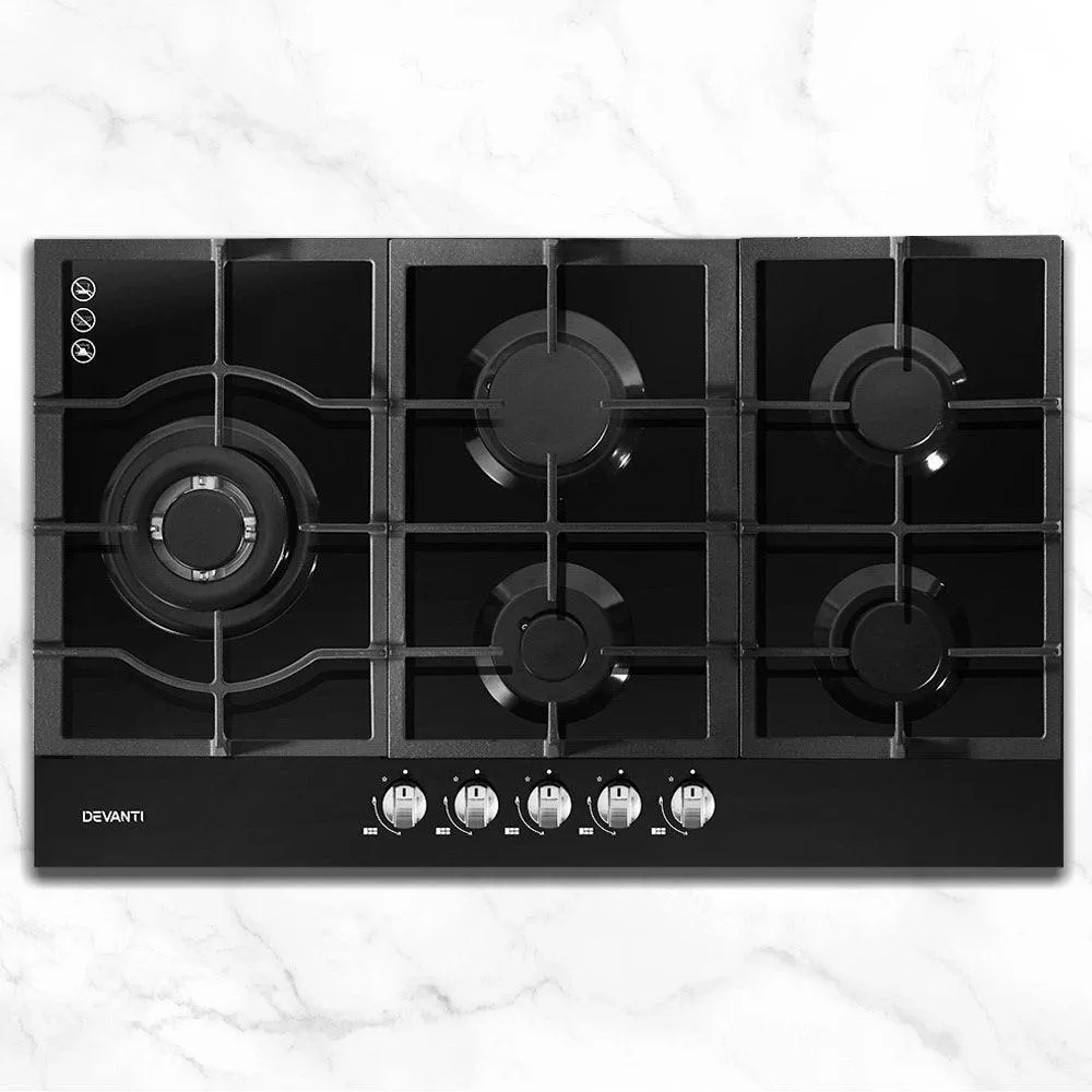 Devanti Gas Cooktop 90cm 5 Burner Stove Hob Cooker Kitchen NG LPG Black Glass