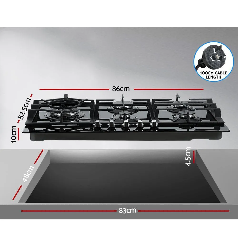 Devanti Gas Cooktop 90cm 5 Burner Stove Hob Cooker Kitchen NG LPG Black Glass