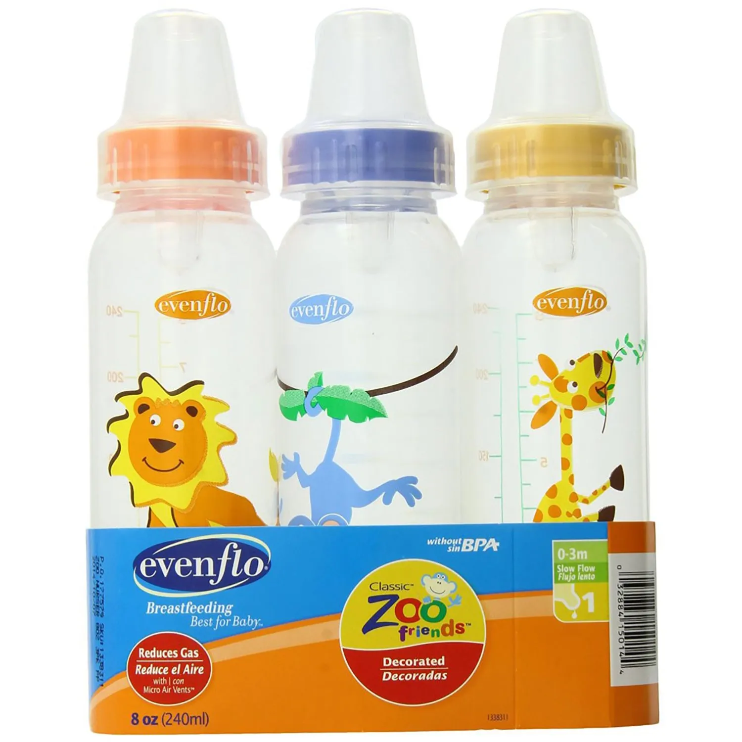 Evenflo Zoo Friends 3-Pack Standard Nipple Bottle, 8 Ounces