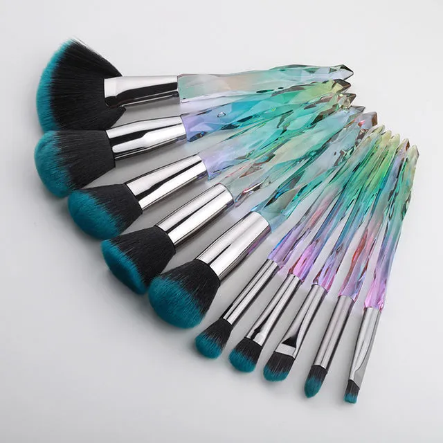 FLD 10Pcs Crystal Makeup Brushes Set Powder Foundation Fan Brush