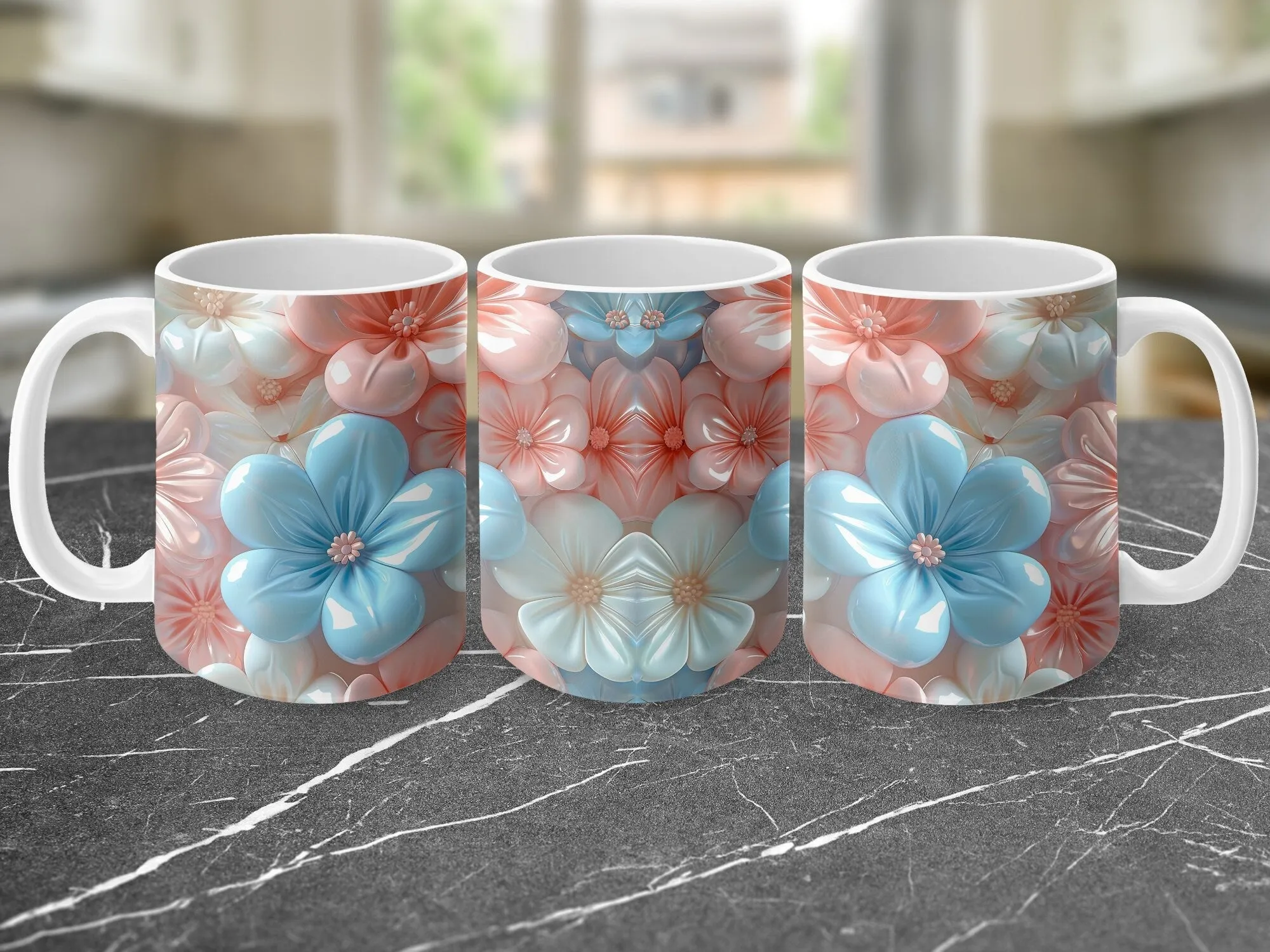 Floral Pattern Mug, Pastel Blue and Pink Flowers, Ceramic Coffee Cup, Mother&#39;s Day Gift, Spring Decor Kitchenware, Unique Flower Design