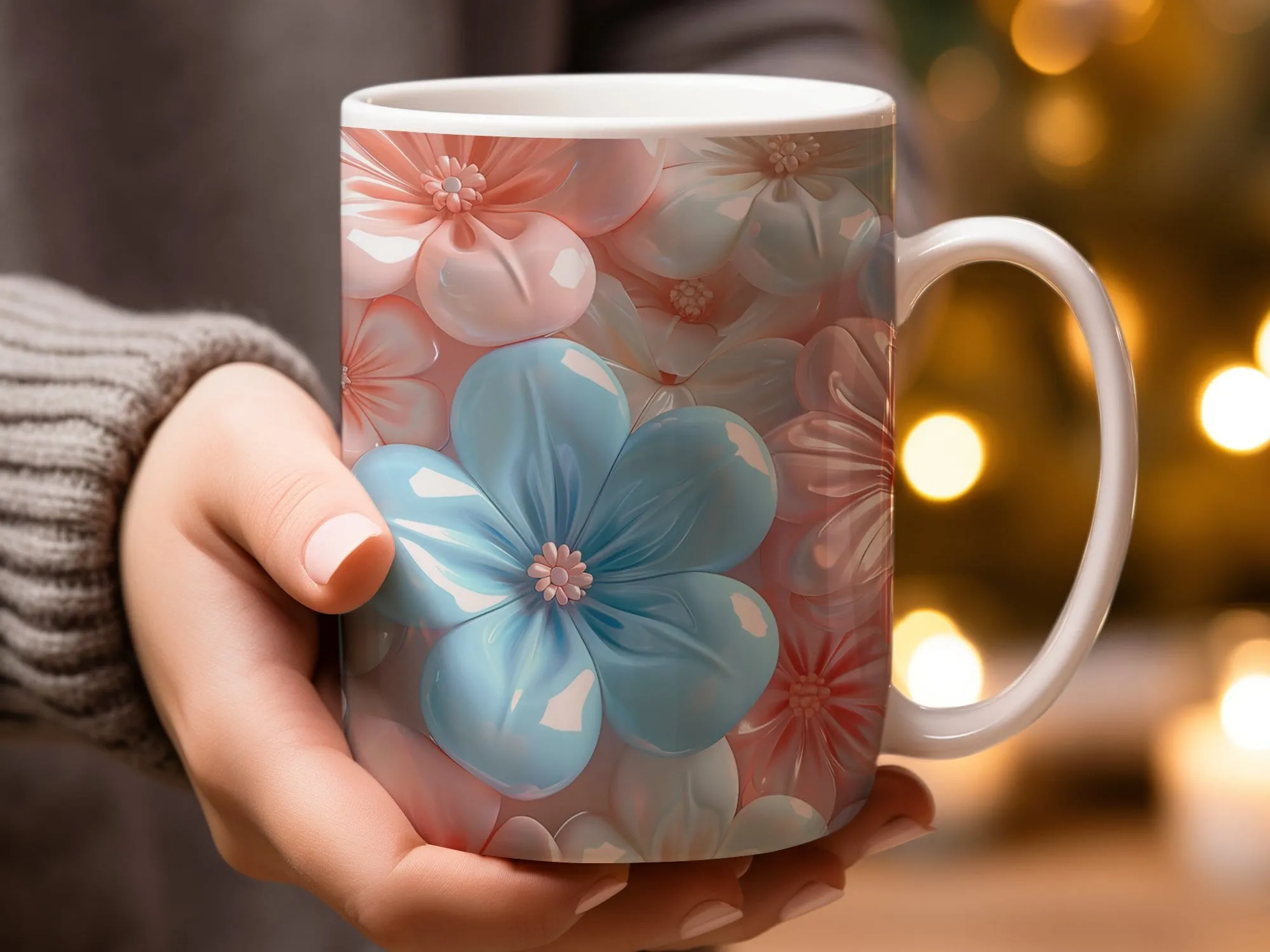 Floral Pattern Mug, Pastel Blue and Pink Flowers, Ceramic Coffee Cup, Mother&#39;s Day Gift, Spring Decor Kitchenware, Unique Flower Design