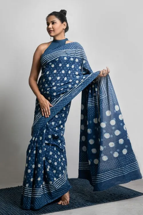 ICH Cotton Appeal. Dabu Hand Block Printed Mul Cotton Saree - Blue Polka