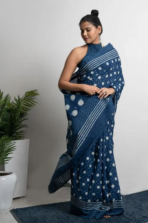 ICH Cotton Appeal. Dabu Hand Block Printed Mul Cotton Saree - Blue Polka