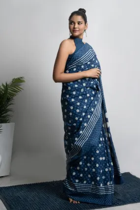 ICH Cotton Appeal. Dabu Hand Block Printed Mul Cotton Saree - Blue Polka