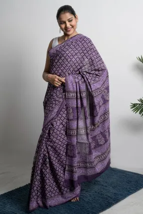 ICH Cotton Appeal. Dabu Hand Block Printed Mul Cotton Saree- Purple Florets