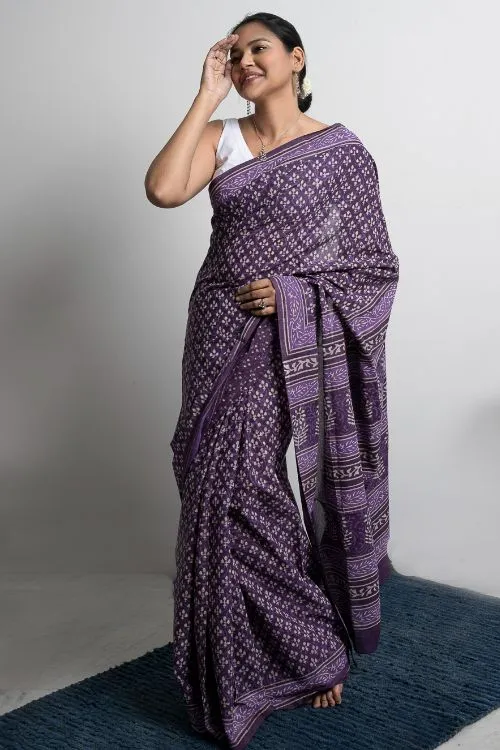 ICH Cotton Appeal. Dabu Hand Block Printed Mul Cotton Saree- Purple Florets