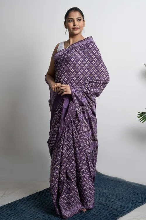 ICH Cotton Appeal. Dabu Hand Block Printed Mul Cotton Saree- Purple Florets