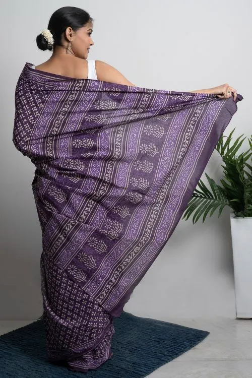 ICH Cotton Appeal. Dabu Hand Block Printed Mul Cotton Saree- Purple Florets