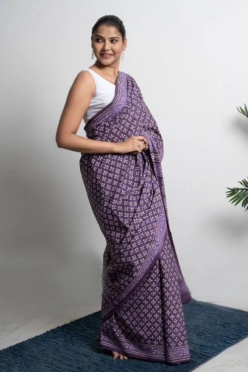 ICH Cotton Appeal. Dabu Hand Block Printed Mul Cotton Saree- Purple Florets