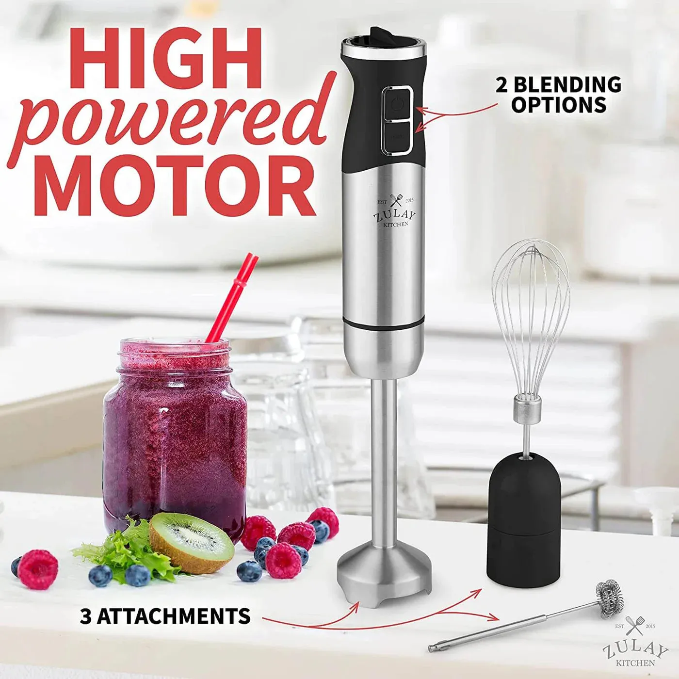 Immersion Blender 500W Stainless Steel Whisk & Frother Attachments 8 Speed