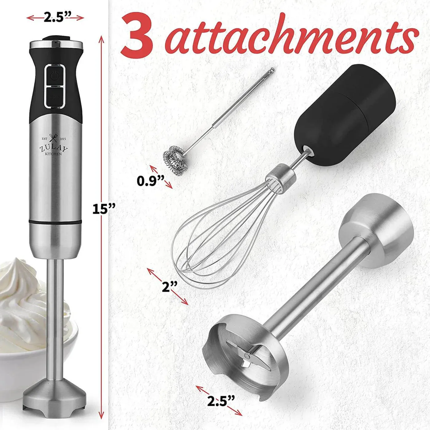 Immersion Blender 500W Stainless Steel Whisk & Frother Attachments 8 Speed