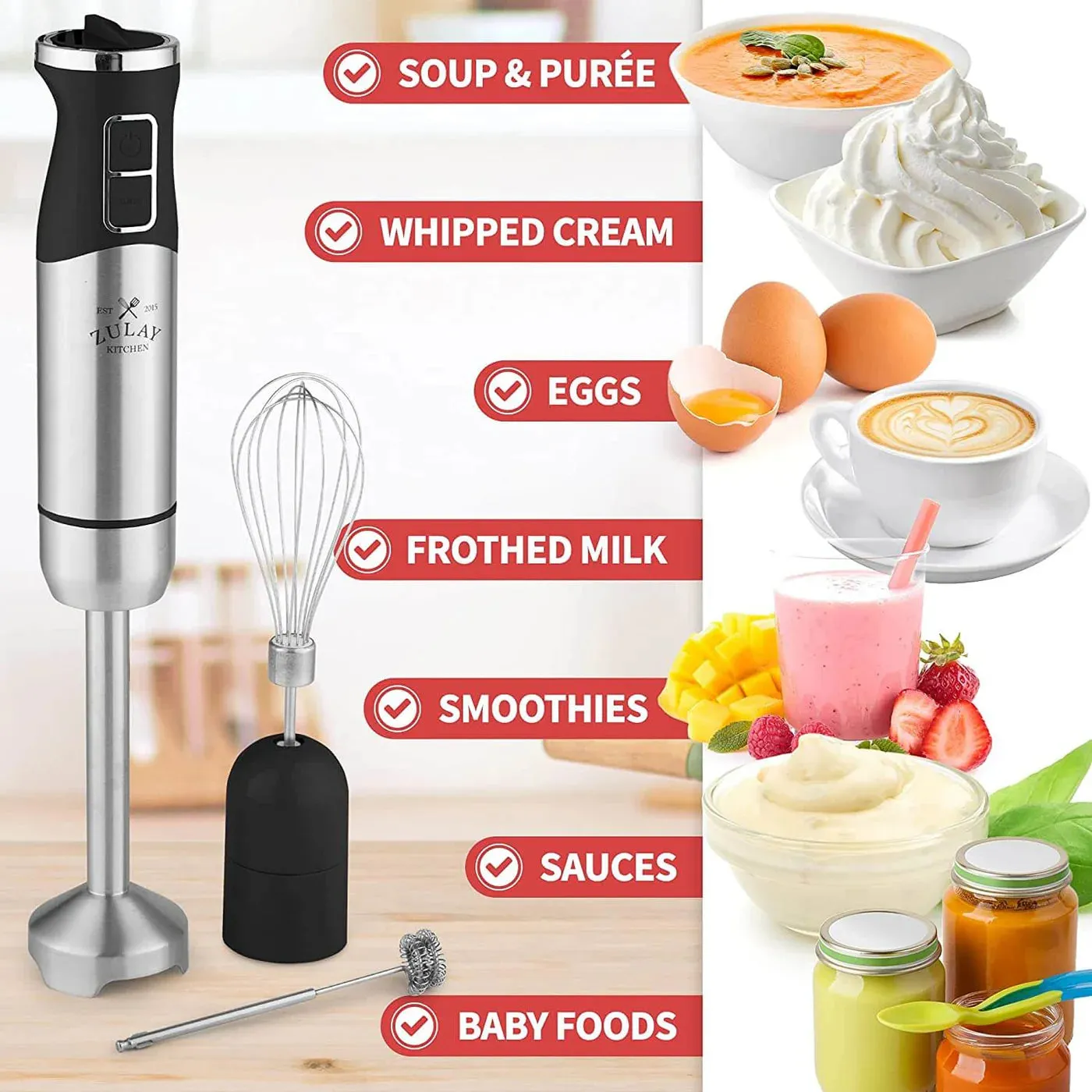 Immersion Blender 500W Stainless Steel Whisk & Frother Attachments 8 Speed