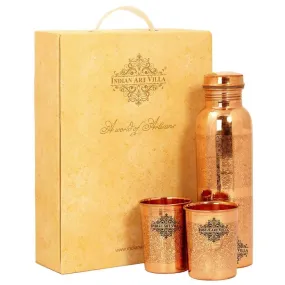 INDIAN ART VILLA Pure Copper Drinkware Gift Set of Embossed Design 1 Bottle & 2 Glass with Gift Box, Gift Item for Diwali, Bithday & Parties, Bottle-1 Litre & Glass-300 ml