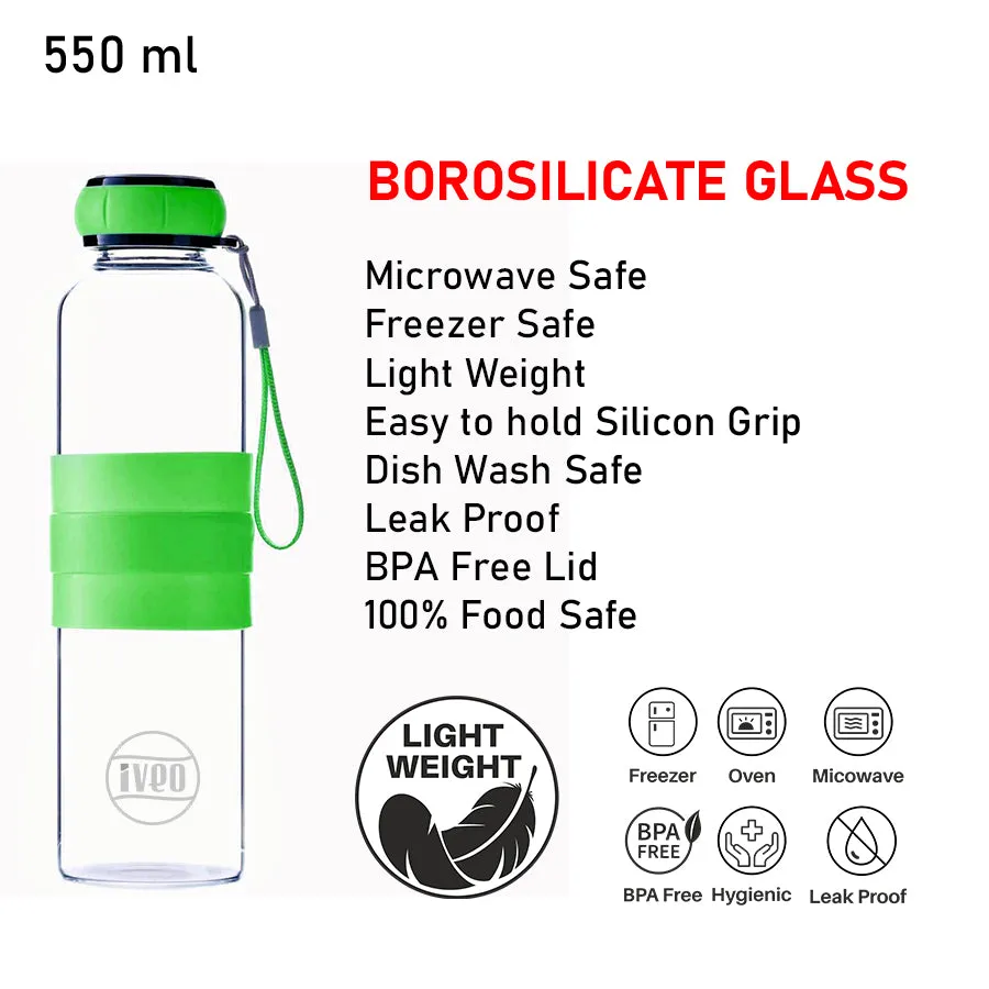 Iveo Aqua Grip 550ml round glass bottle with silicon sleeve