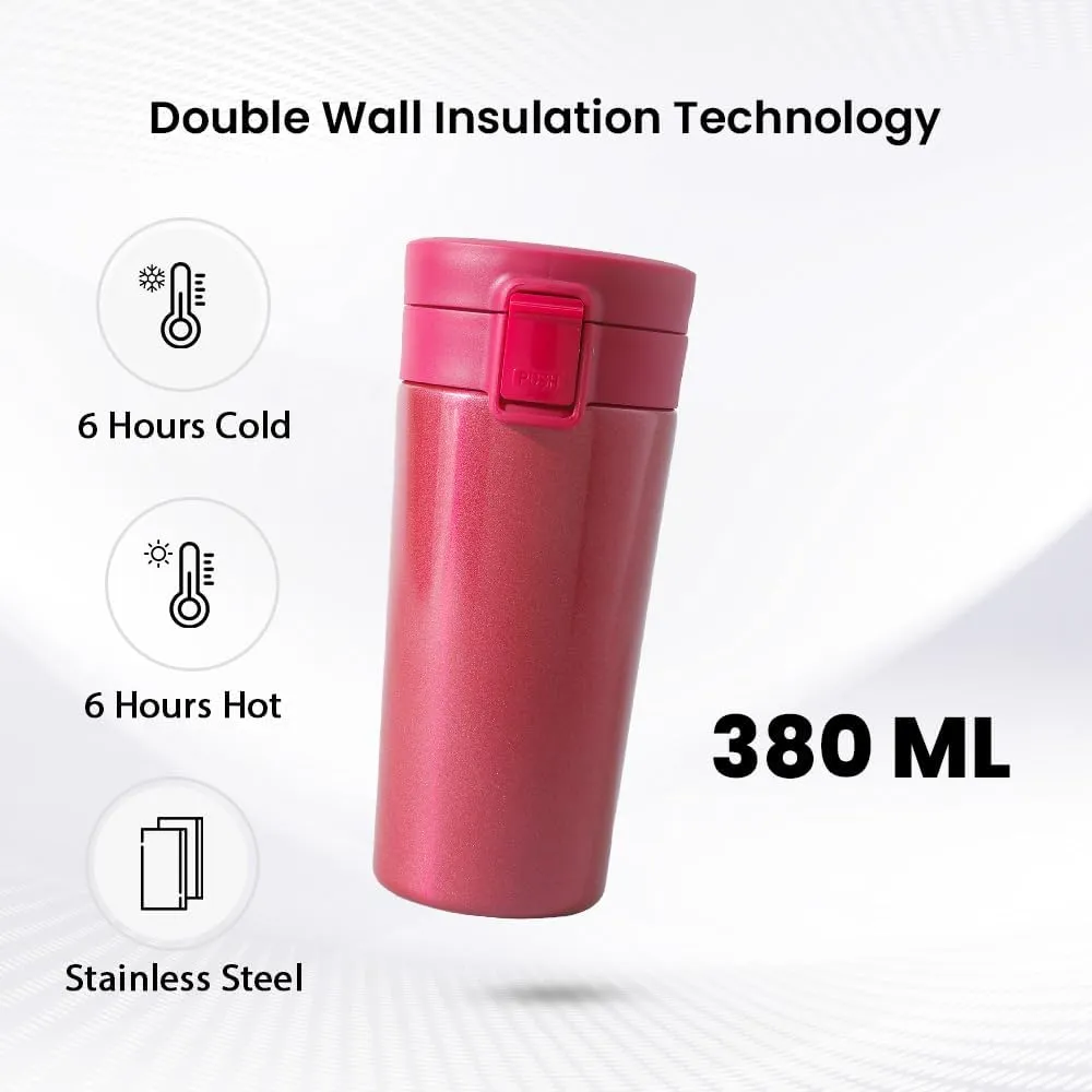 Kuber industries Stainless Steel Insulated Coffee Tumbler with Sipper Lid 380 ML-Pack of 2 (Red)