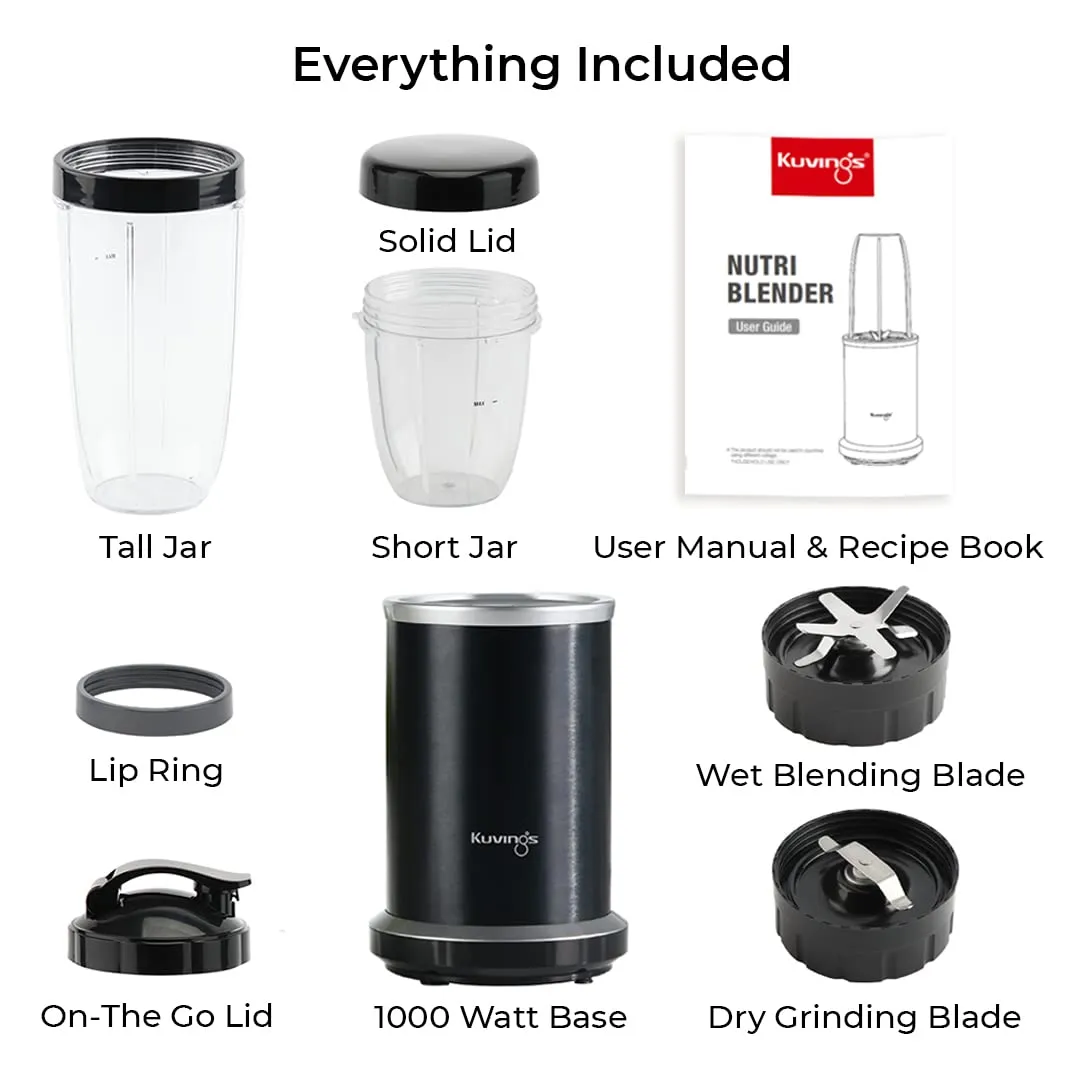 Kuvings Nutri Blender PRO Phantom Black, Powerful 1000 Watts Motor, Mixer/Grinder/Smoothie Maker, Blender for Smoothies and Juices, Stainless Steel Body, 2 Blade Set: Wet & Dry