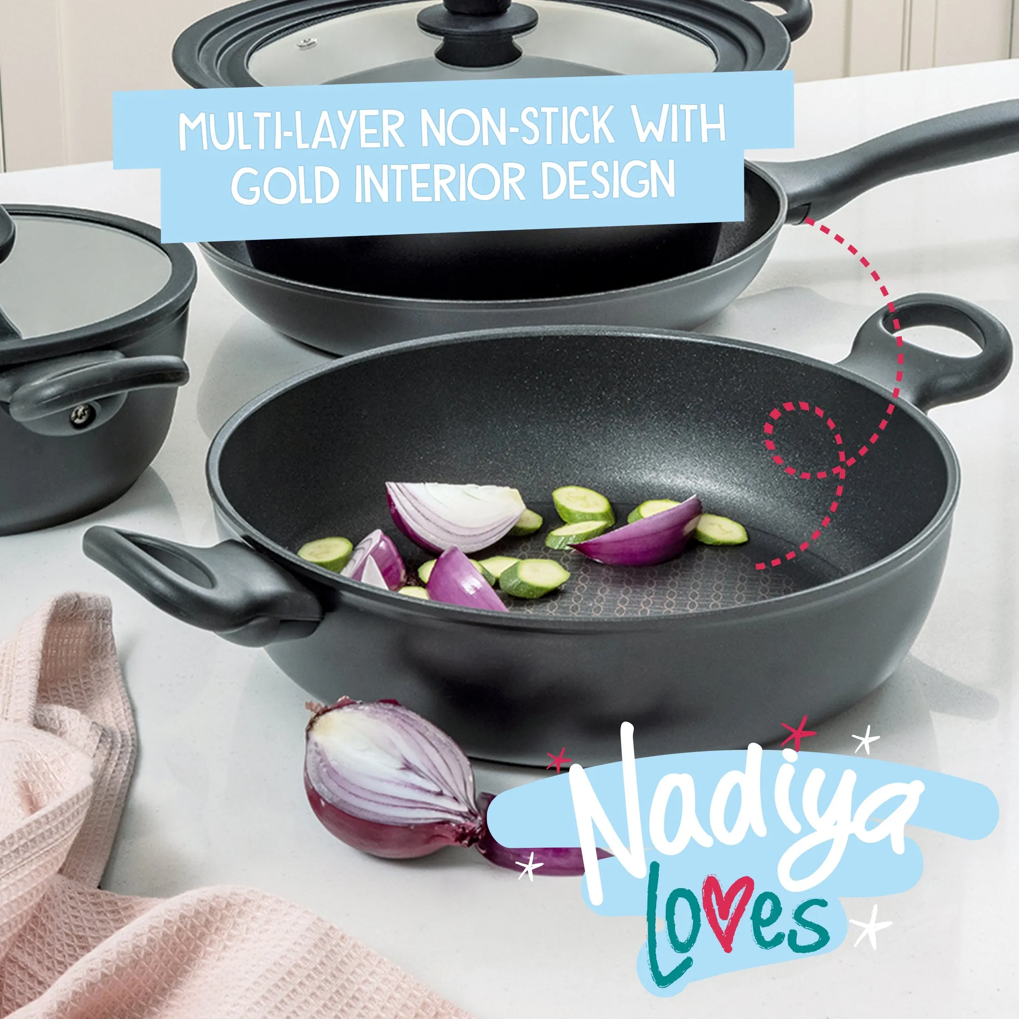 Nadiya Hussain 4 in 1 Non-Stick Wok, Steamer & Multi-Use Glass Lid - Set