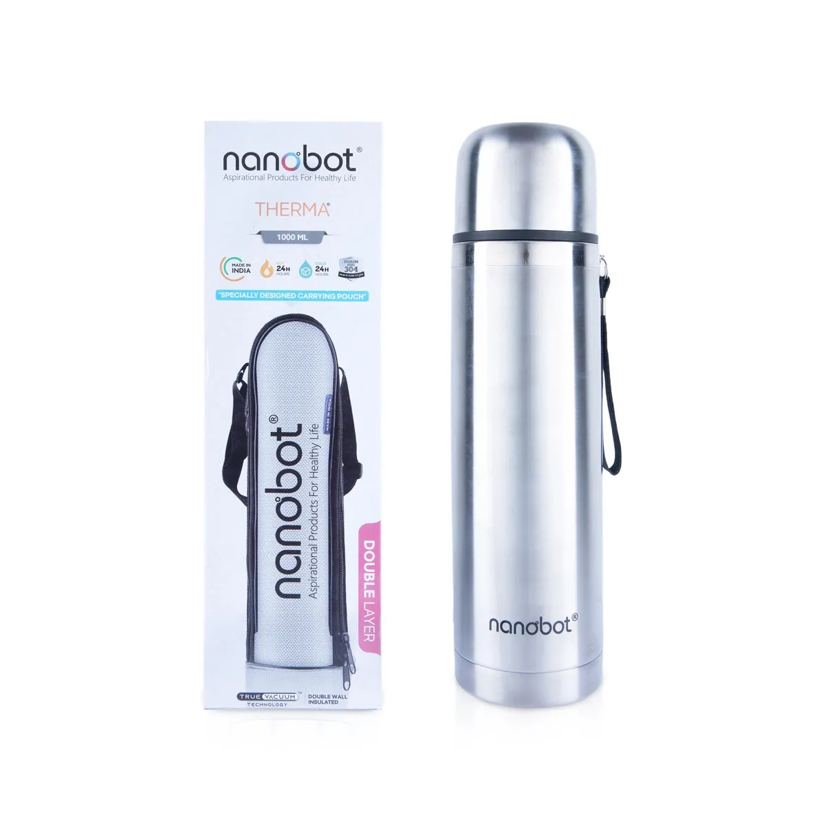 Nanobot Therma Flask - 1 Ltr | Stainless Steel Water Bottle/ 12 x 3.5 Inches/ Thermosteel Bottle for Home