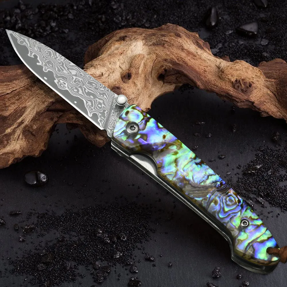 Nedfoss Polar-Bear Damascus Pocket Knife with Abalone Shell Handle