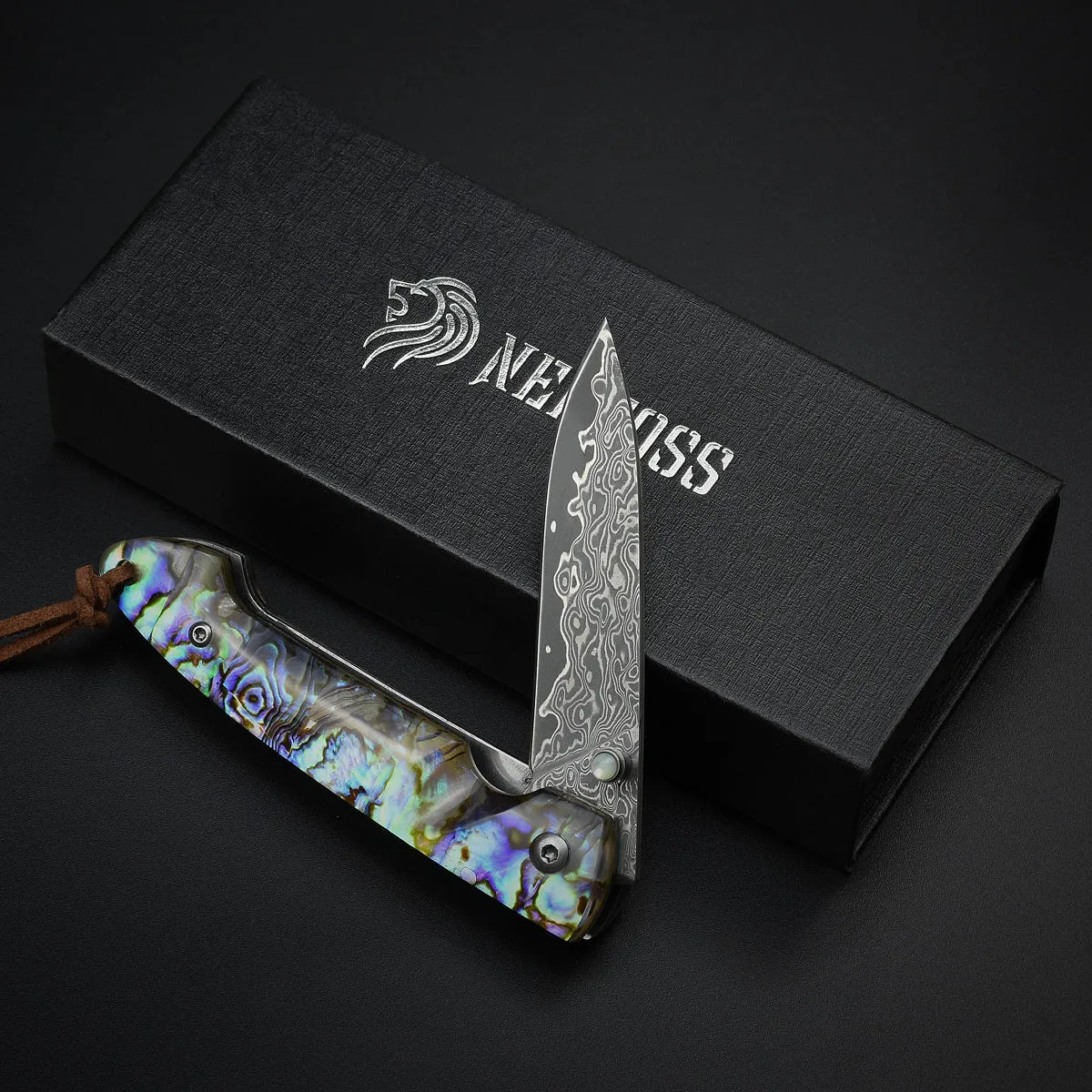 Nedfoss Polar-Bear Damascus Pocket Knife with Abalone Shell Handle