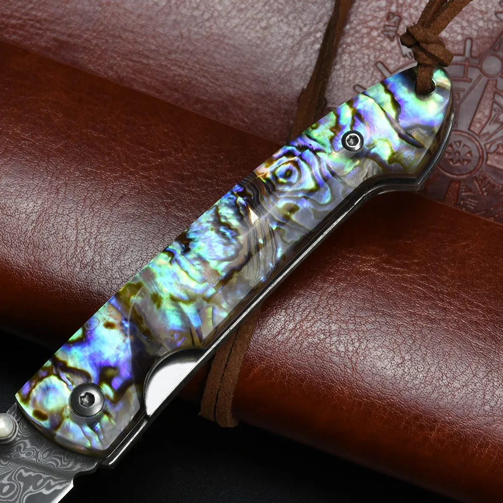 Nedfoss Polar-Bear Damascus Pocket Knife with Abalone Shell Handle