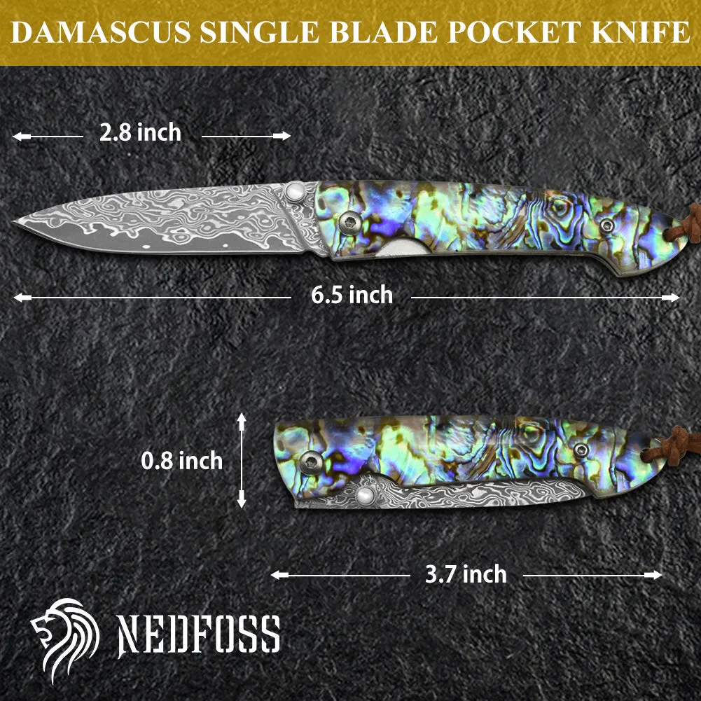 Nedfoss Polar-Bear Damascus Pocket Knife with Abalone Shell Handle